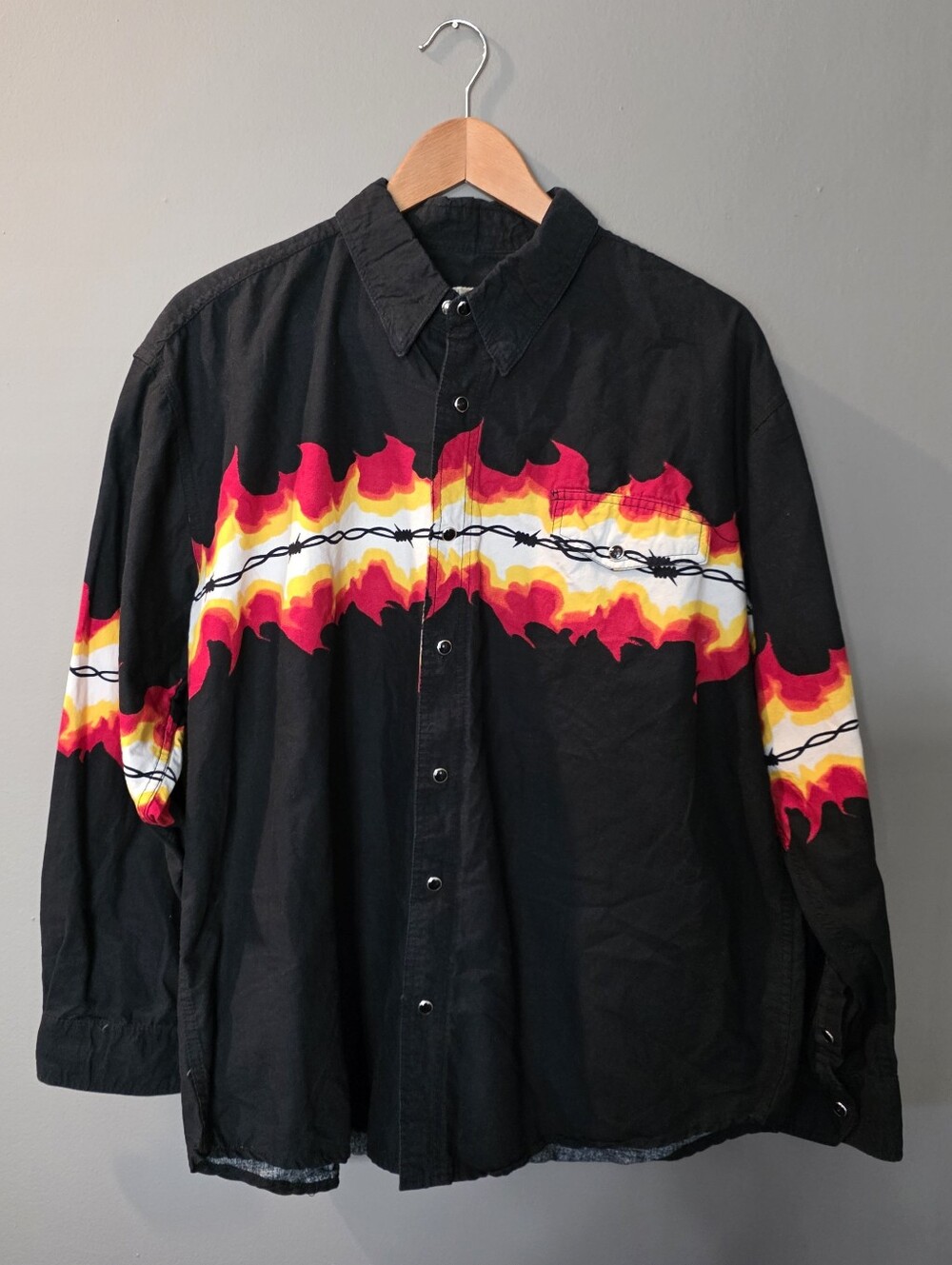 Vintage Express Rider Black Button-Up Shirt Flame & Barbed Wire Western Mens XL